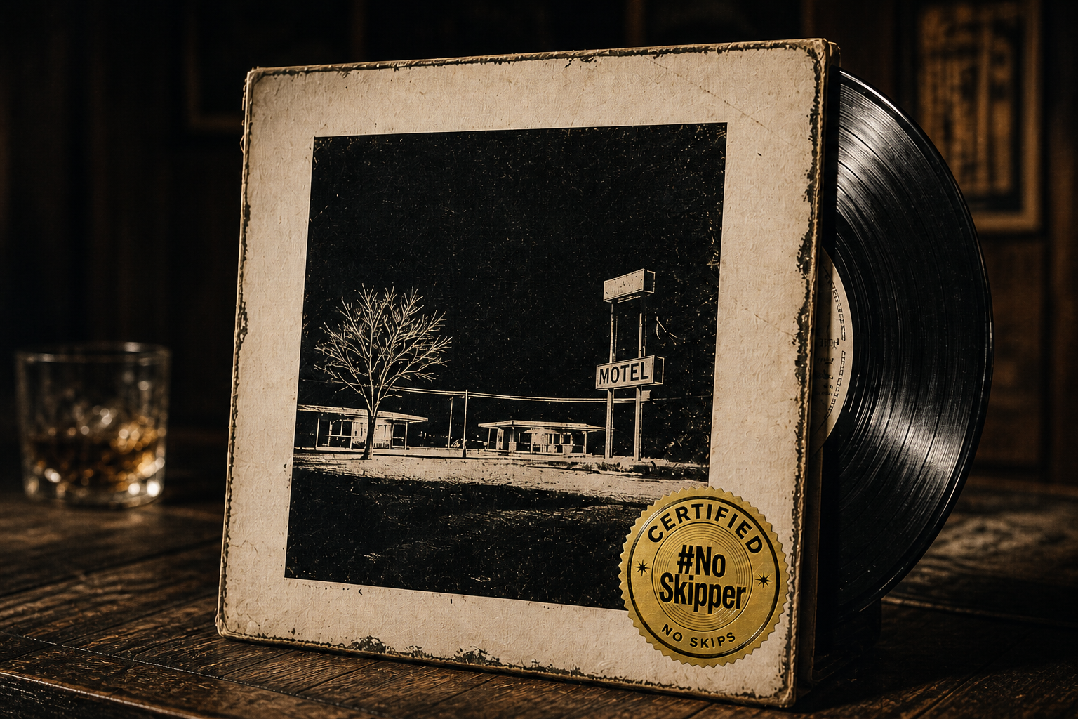 Worn vinyl sleeve on a table, Certified seal on the lower-right corner